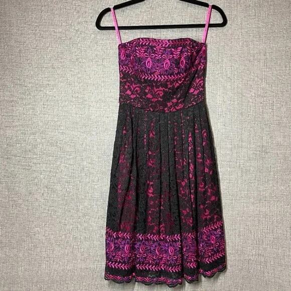 Vtg Betsey Johnson Black Pink Dress 6 Lace Overlay Embroidered Whimsigoth New - Picture 6 of 16